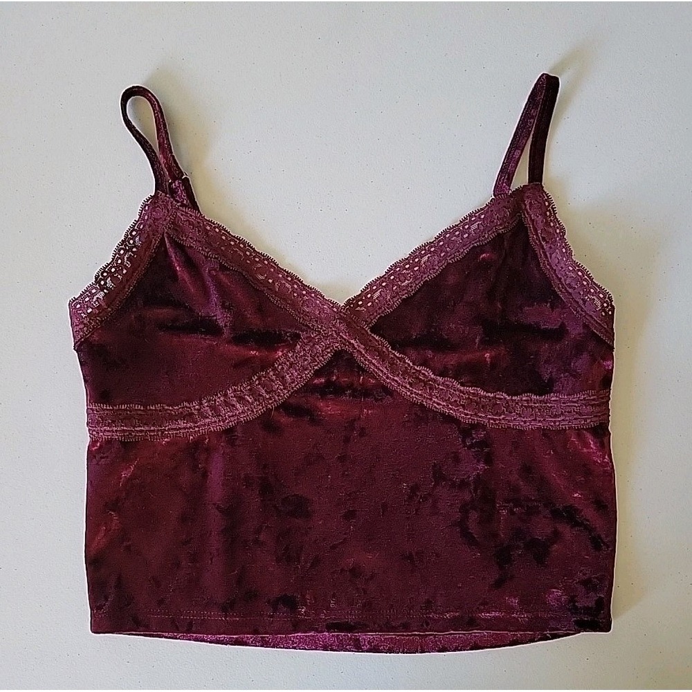 Vintage Crop Babydoll Cami Top Medium Burgundy Red Crushed Velvet‎ 90s Y2K Goth